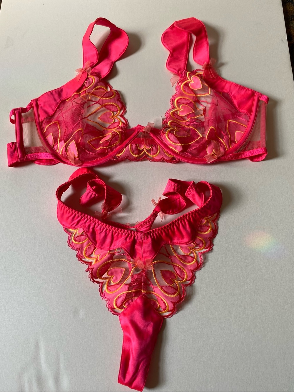 For Love And Lemons Pink & Gold Sheer Heart Embroidered Bra and Thong Set